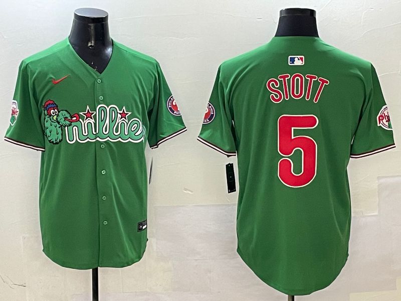 Men Philadelphia Phillies #5 Stott Green Three generations Joint Name Game 2025 Nike MLB Jersey style 1